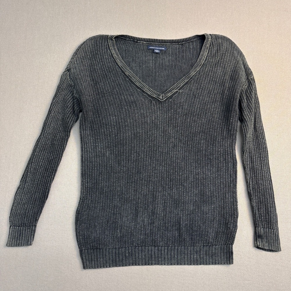 American Eagle Outfitters Womens Gray Acid Wash V-Neck Shaker Knit Sweater Small
